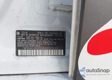 2006 BMW 325I из США, поврежденный, VIN WBAVB135X6K001583